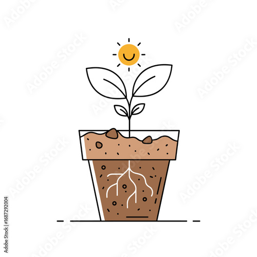 A healthy plant growing in a pot under a smiling sun a symbol of growth and new beginnings