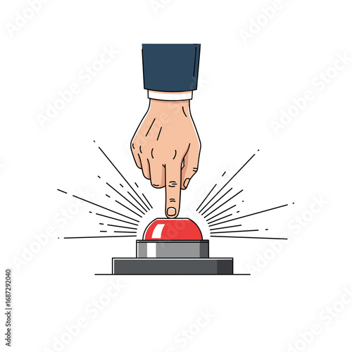 A hand pushing a bright red button causing a burst of energy and a moment of decision