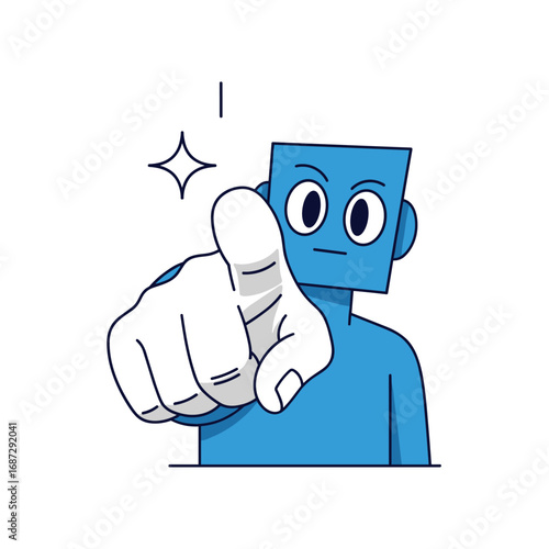 A stylized blue character with a square head pointing directly at the viewer with a decisive gesture