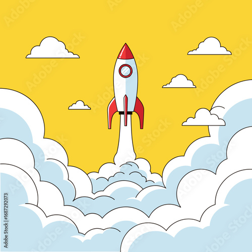 A stunning rocket launching into the sky ascending through puffy clouds under a bright yellow horizon