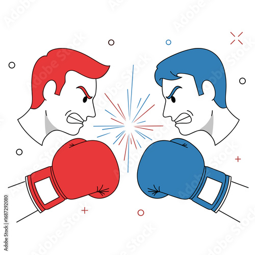 Two boxers facing each other with red and blue gloves and intense expressions in a fighting stance symbolizing a competitive match