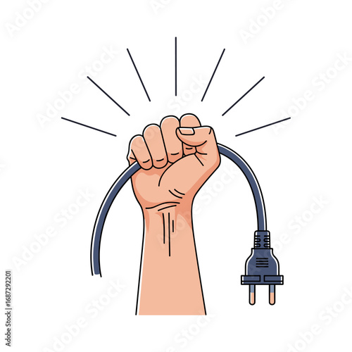 Powerful fist holding electrical power cord symbolizing energy strength and connection