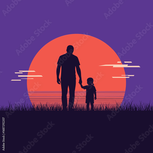 A father and his daughter walk hand in hand silhouetted against a vibrant sunset sky