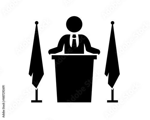 Presentation Icon A Simple Depiction of a Speaker at a Podium with Flags for official announcements