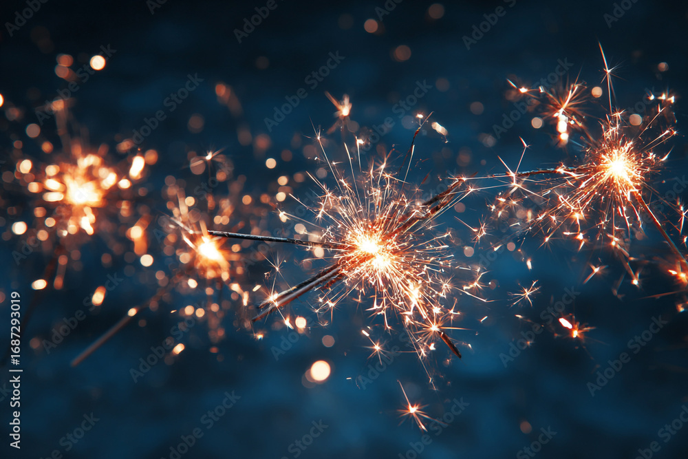Fototapeta premium Bright sparkling fireworks light trails against a dark blue background creating a festive mood