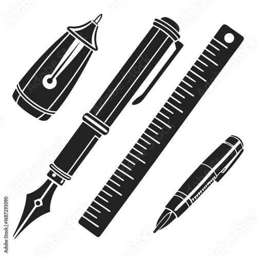 Fountain pen ballpoint pen and ruler black white