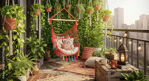 Fototapeta Naklejka Na Ścianę i Meble -  A cozy bohemian balcony nook in the city. A colorful hanging hammock chair, layered patterned rugs, lots of pillows, and dozens of trailing plants (pothos, string of pearls) creating a green oasis
