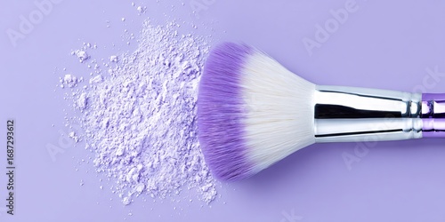 Makeup brush with soft bristles rests beside a pile of lavender powder on a pastel purple background, showcasing beauty tools and vibrant colors for cosmetic applications