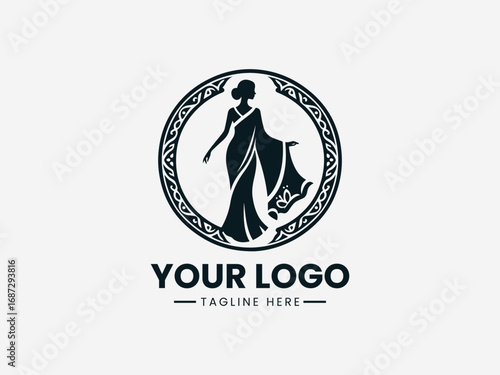 Elegant woman in saree with ornamental decorative circular frame vector logo design