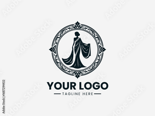 Elegant woman in saree with ornamental decorative circular frame vector logo design
