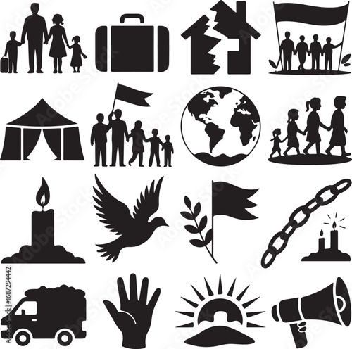 Icons representing migration and humanitarian issues in silhouette Keywords: migration, refugee