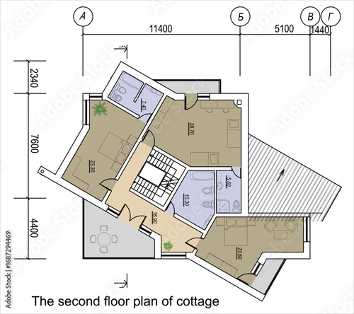 Vector architectural engineering construction
private residential building drawing, second floor plan, dimensional lines. Industrial blueprint of multistory suburban cottage on transparent background.