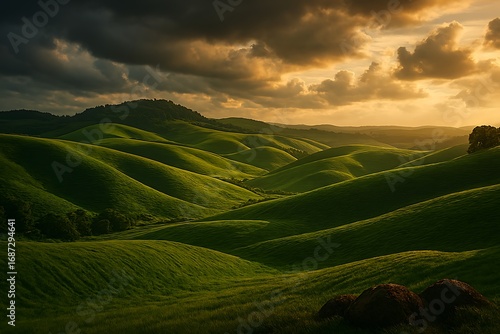 Breathtaking rolling green hills bathed in golden sunlight under dramatic skies, a serene escape
