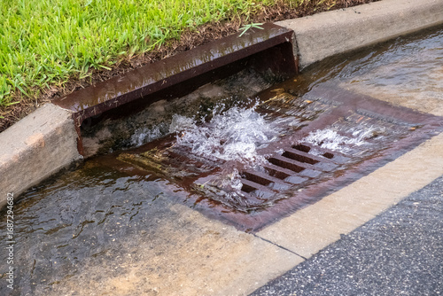 Extreme Closeup of Water Gushing Into Storm Drain on a Residential Street During a Torrential Rainstorm