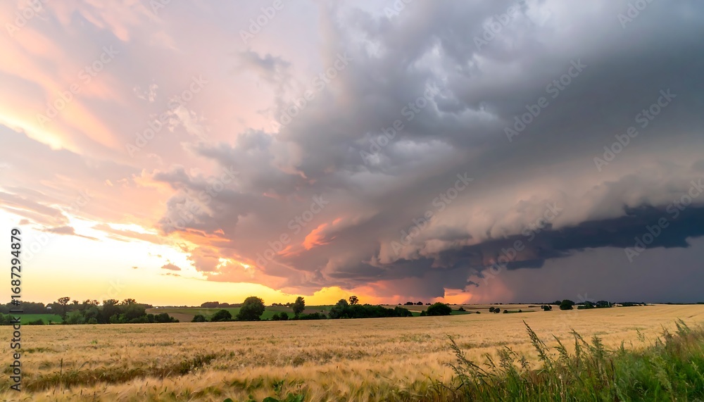 Fototapeta premium Dramatic sunset over a wheat field with a large storm cloud