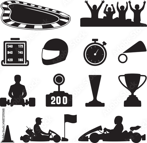 Go Kart Racing Icons Set With Track Helmet Stopwatch Trophy And People illustration