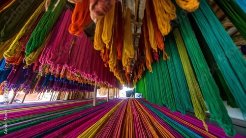 Vibrant Dyed Threads Drying in Traditional Textile Workshop