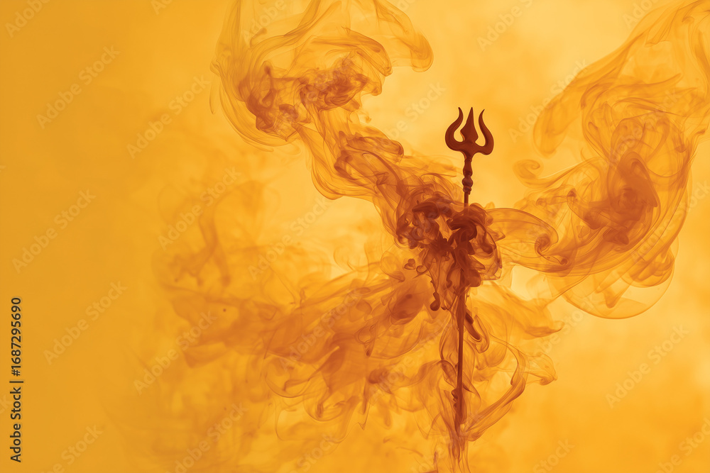 Fototapeta premium Abstract trishul emerging from saffron mist for Navratri divine branding. 