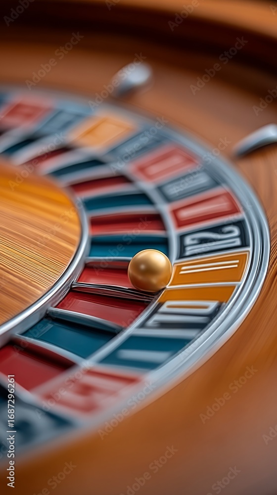 Obraz premium Close-up golden ball on spinning roulette wheel, vibrant multicolored and wood tones, gambling casino and game of chance