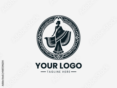 Elegant woman in saree with ornamental decorative circular frame vector logo design