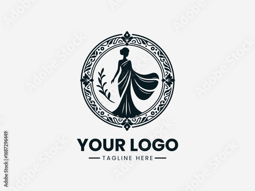 Elegant woman in saree with ornamental decorative circular frame vector logo design