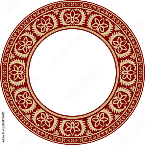 Vector round gold with red Indian national ornament. Ethnic plant circle, border. Frame, flower ring. Poppies and leaves.
