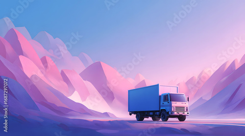 The truck is driving among the colorful mountain