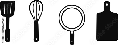 Kitchen icon, Cast Iron Skillet, Baking Cross Icon Silhouette, Traditional spatula icon simple vector, single black cooking pan isolated on white background, Bakery Tools Line Icon,
