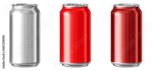 Three aluminum soda cans in silver and red isolated on transparent background