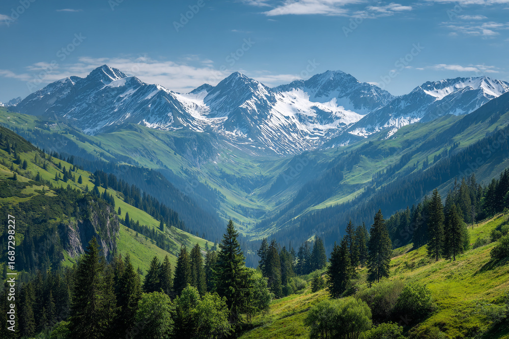 Fototapeta premium Majestic snowcapped mountains rise above lush green valleys and forests a breathtaking alpine landscape