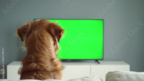Golden Retriever Dog Watching Green Screen TV in Minimalist Living Room
