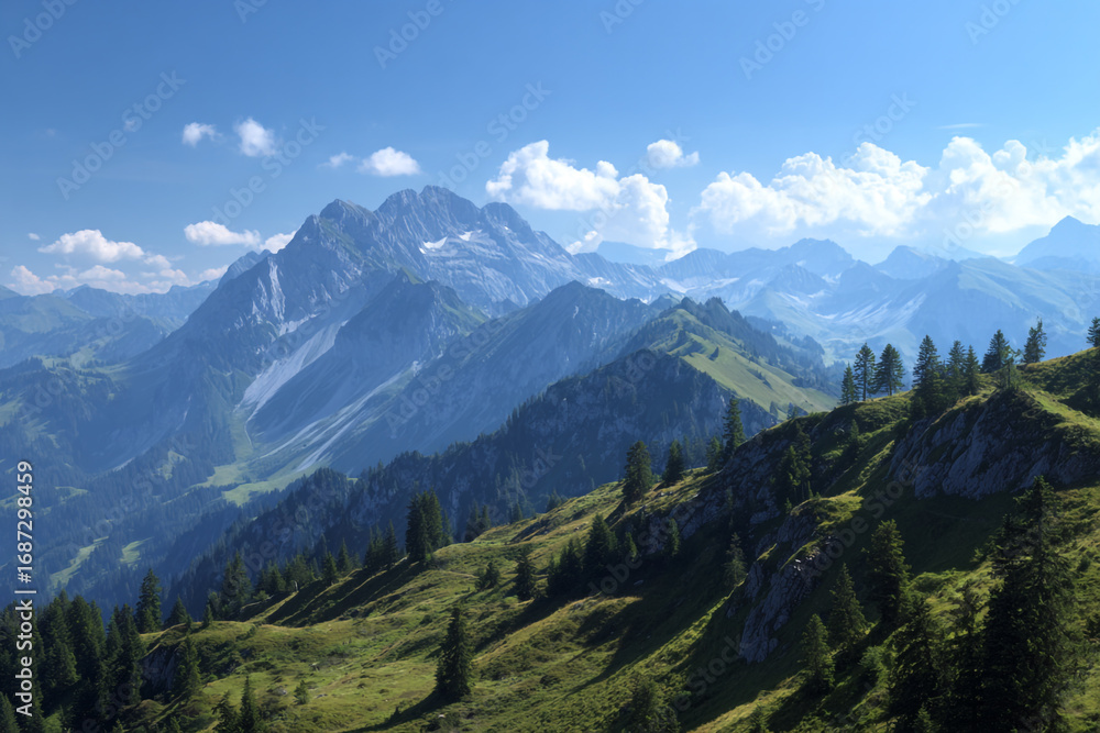 Fototapeta premium Majestic mountain range under a vibrant blue sky green hillsides dotted with evergreen trees a breathtaking alpine vista