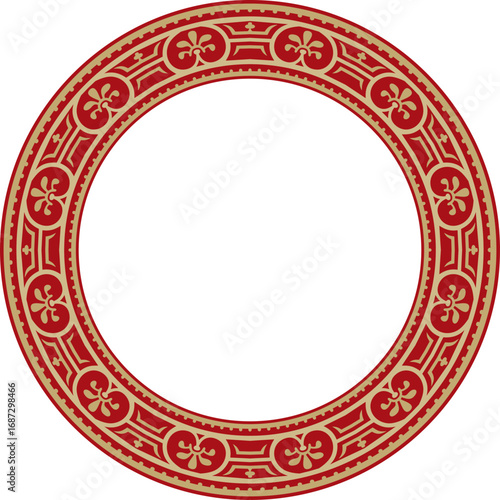Vector round gold with red border, frame, Pompeii ring. Circle Neopolitan ornament. Art of Ancient Rome.
