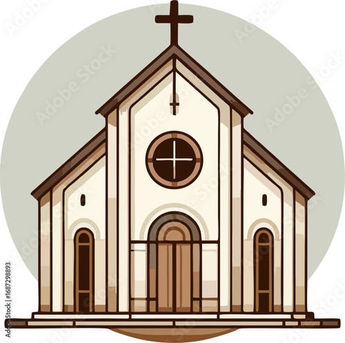 Stylized Digital Illustration of a Classic White Church with Cross and Arched Windows