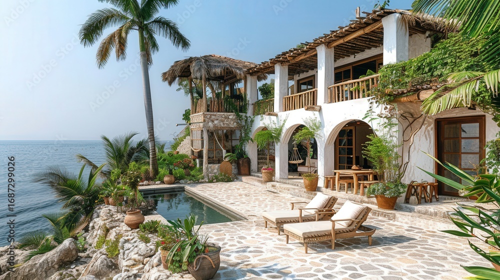 Fototapeta premium Oceanfront Villa with Tropical Paradise.