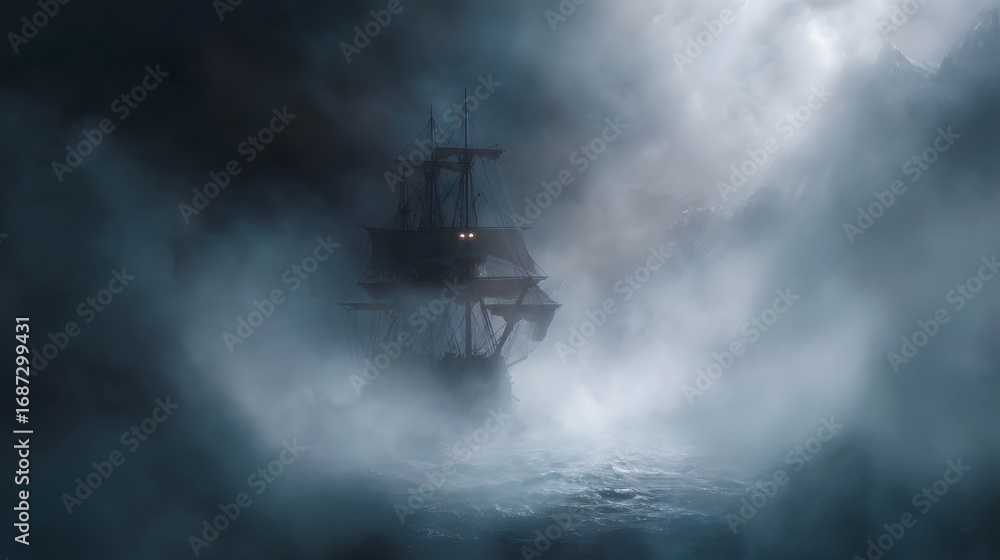 Fototapeta premium A spectral sailing ship navigates through dense fog and turbulent waters with eerie glowing lights