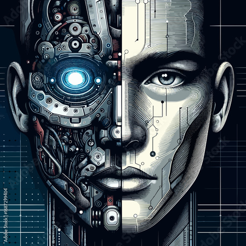 Half-human, half-cyborg portrait illustrating the intersection of technology and humanity