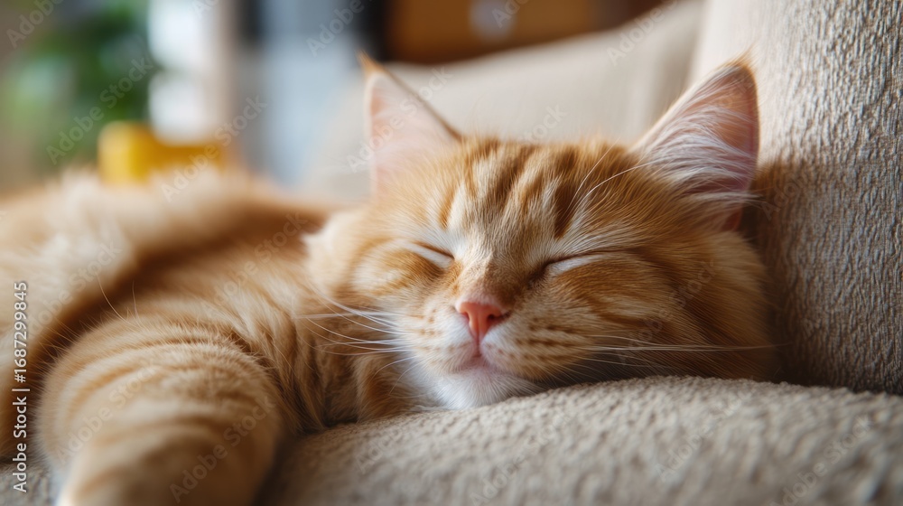 Fototapeta premium Cute Ginger Cat Sleeping Peacefully on Cozy Couch in Warm Natural Light
