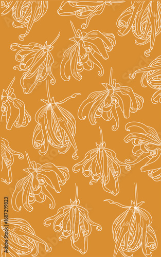 White line art ylang ylang flowers on a mustard background. Fabric flower pattern.