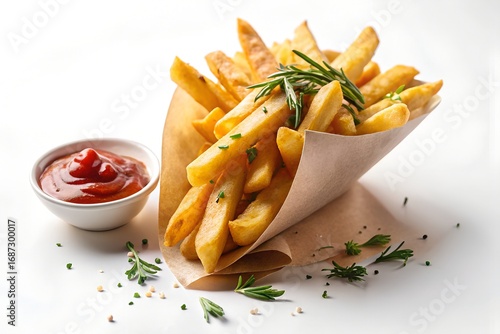 Delicious french fries with ketchup isolated on white background, close up
