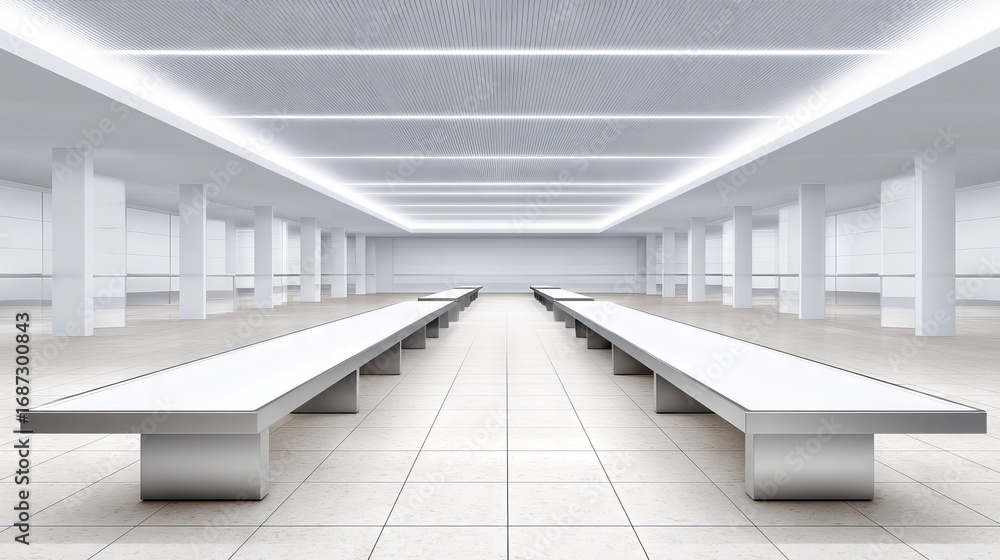 Obraz premium Modern minimalist interior design featuring spacious exhibition hall with sleek white benches and bright lighting, creating an inviting atmosphere for displays and presentations