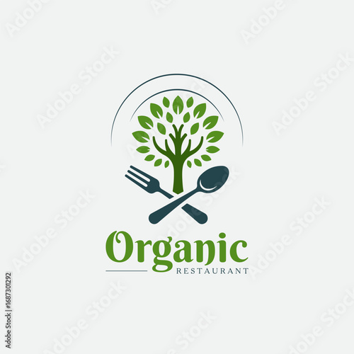 logo design combination of spoon fork and tree, logo for healthy food, herbal, nutrition, health, symbol, icon, idea, creative. eco food, organic restaurant logo