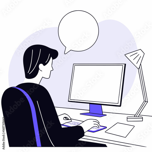 Cartoon office worker dreaming of vacation while typing.