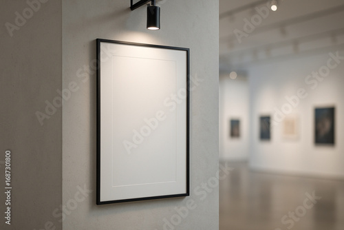Blank poster mockup, art gallery interior, concrete wall background, modern exhibition concept, spotlight on empty frame