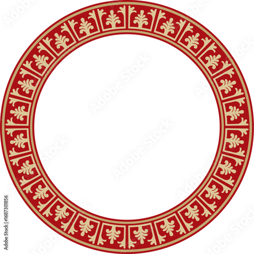 Vector gold with red round classic byzantine ornament. Circle, ring, border, Ancient Greece, Eastern Roman Empire frame. Decoration of the Russian Orthodox Church
