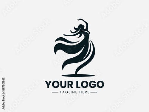 Elegant dancing woman in flowing dress silhouette vector logo design artwork