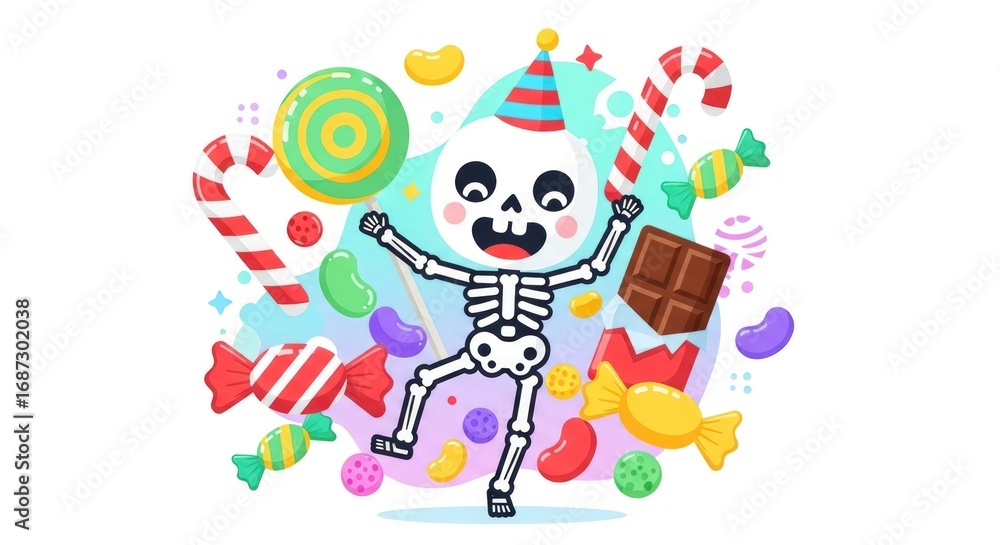 Fototapeta premium Happy skeleton celebrating Halloween with candy and sweets, perfect for festive designs and marketing
