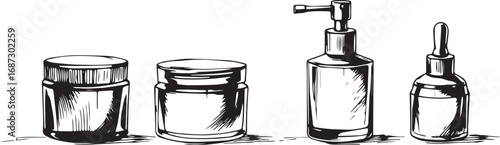 A set of cosmetic containers. Jars, vials, bottles, tubes. Hand drawn vector illustration