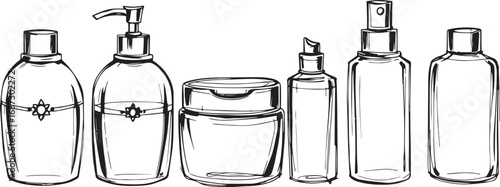 A set of cosmetic containers. Jars, vials, bottles, tubes. Hand drawn vector illustration