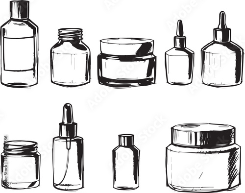 A set of cosmetic containers. Jars, vials, bottles, tubes. Hand drawn vector illustration